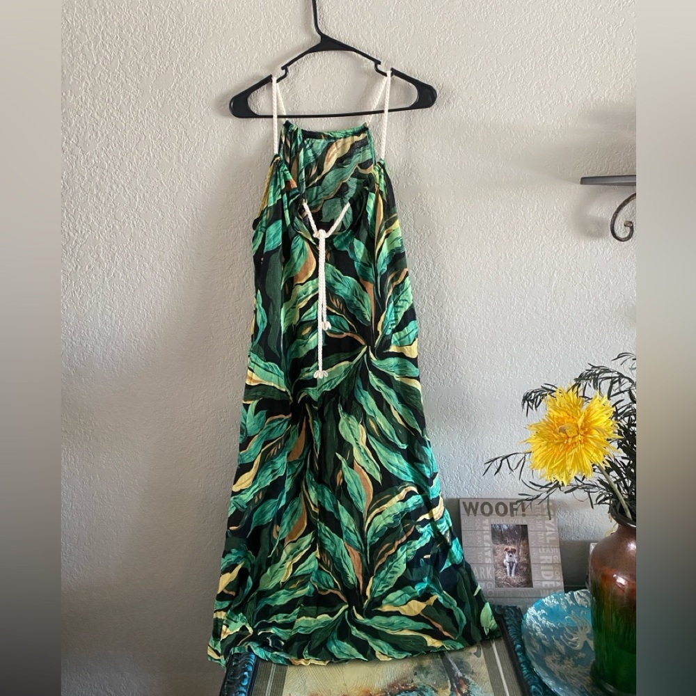 Rachel Zoe Green and Black Leaf Print Linen Blend Dress Sz M - Picture 4 of 8